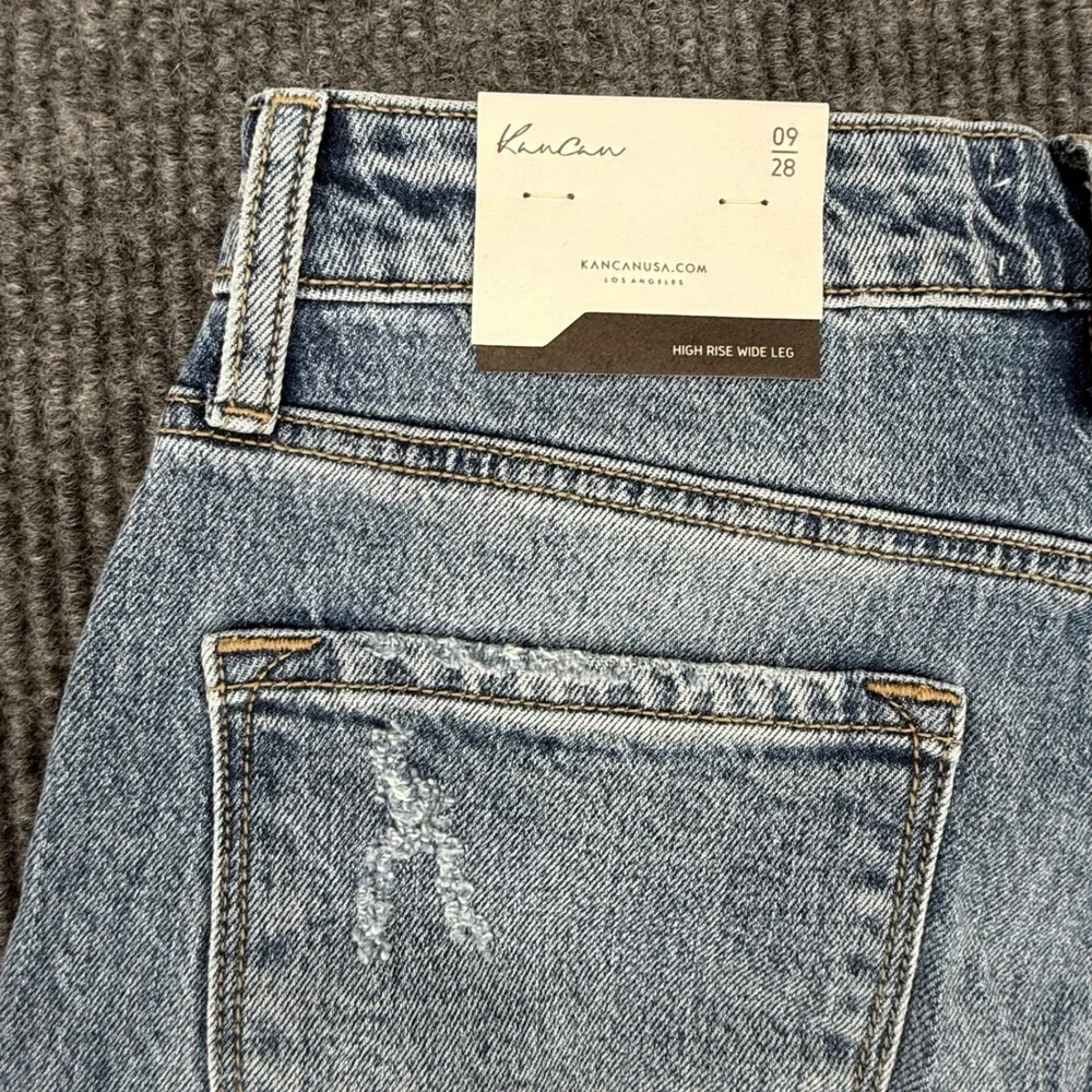 KanCan High Rise Wide Leg Jeans Womens 9/28 Blue New Distressed Cuffed Denim NWT